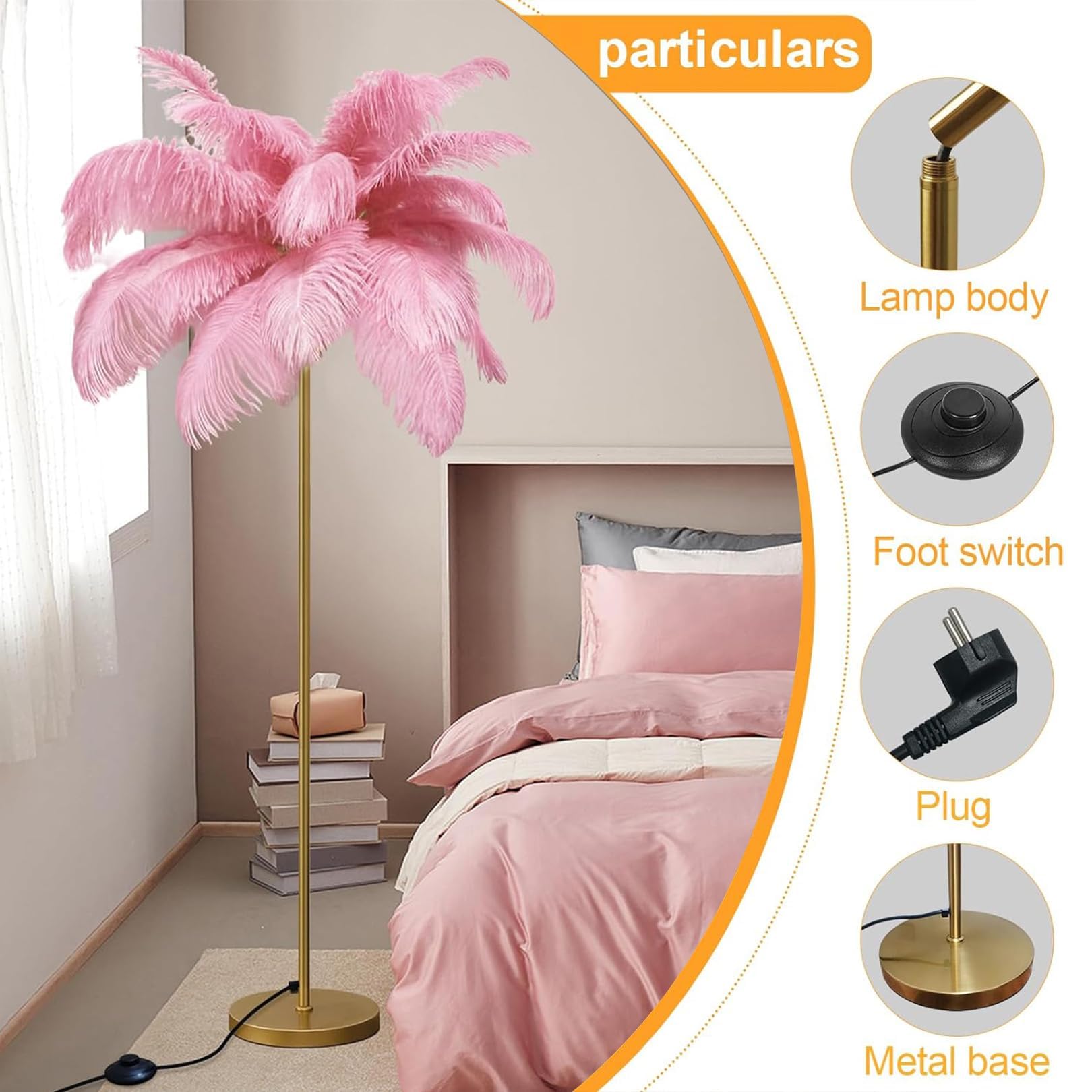 XANAYXWJ Lampada da Alta con Piume di Struzzo - Base d LED dimmerabile G4 Lampade con Piume Naturali Ele Lampada da per Soggiorno, Camera da Letto e Ufficio (66,9 Pollici)