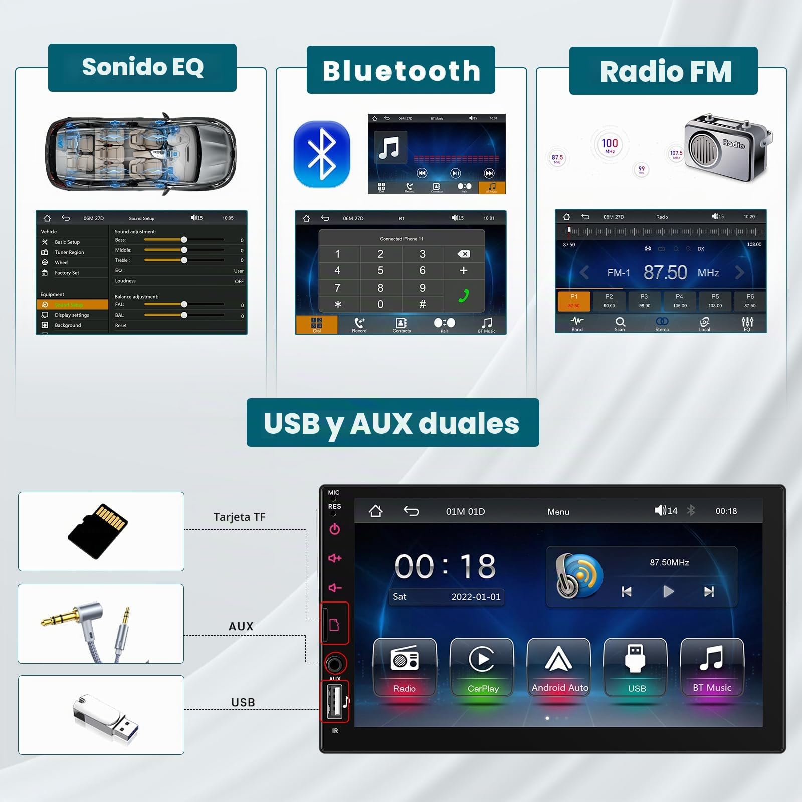 Hikity Radio de Coche 1 DIN con Pantalla Táctil de 7 Pulgadas, Radio Coche 1 DIN con Carplay Android Auto Inalámbrico, SWC Mirror Link FM Radio USB/TF/AUX Cámara Trasera + Mic