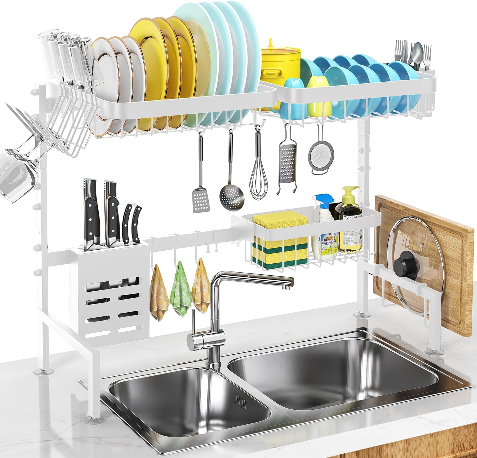 MERRYBOX Over The Sink Dish Drying Rack Adjustable Length (25-33in), Dish Rack Over Sink with Multiple Baskets Utensil Holder Cup Holder, Large Dish Rack for Kitchen Sink Organizer, White