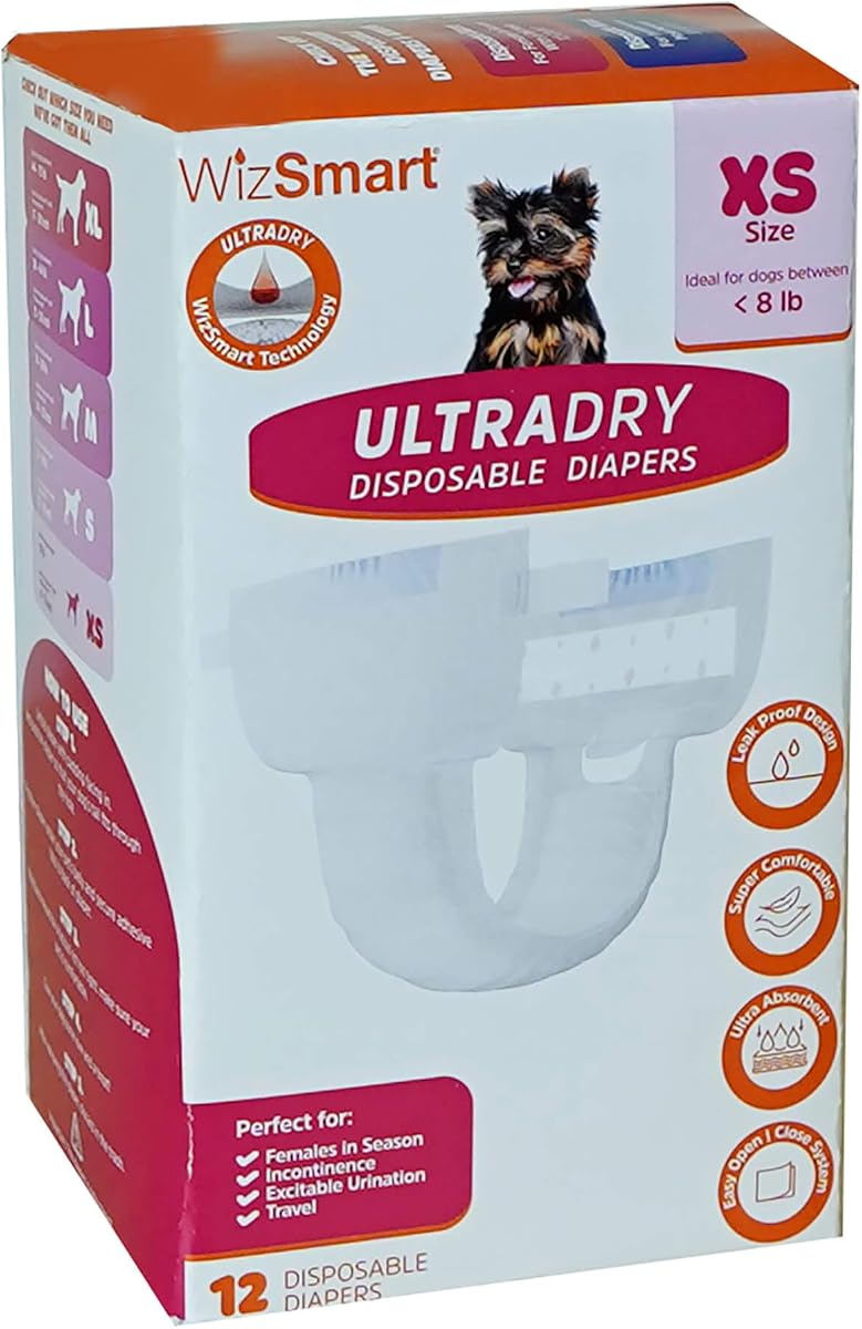 Ultra Dry Disposable Dog Diapers, XS, 12 Pack – Leak-Proof Pet Diaper with Tail Hole & Adjustable Tape Tabs, Puppy & Adult Dog, Travel, Heat Cycle, Overnight Protection