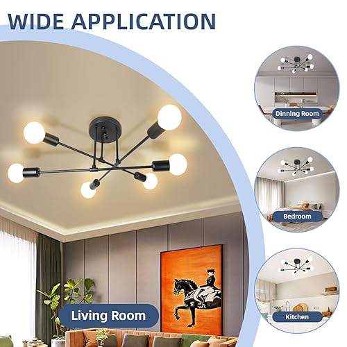 Miniatura 6 de SILAMPDI Candelabro Sputnik moderno, lámpara de techo negra de 6 luces, lámpara de comedor industrial para dormitorio, cocina, sala de estar,