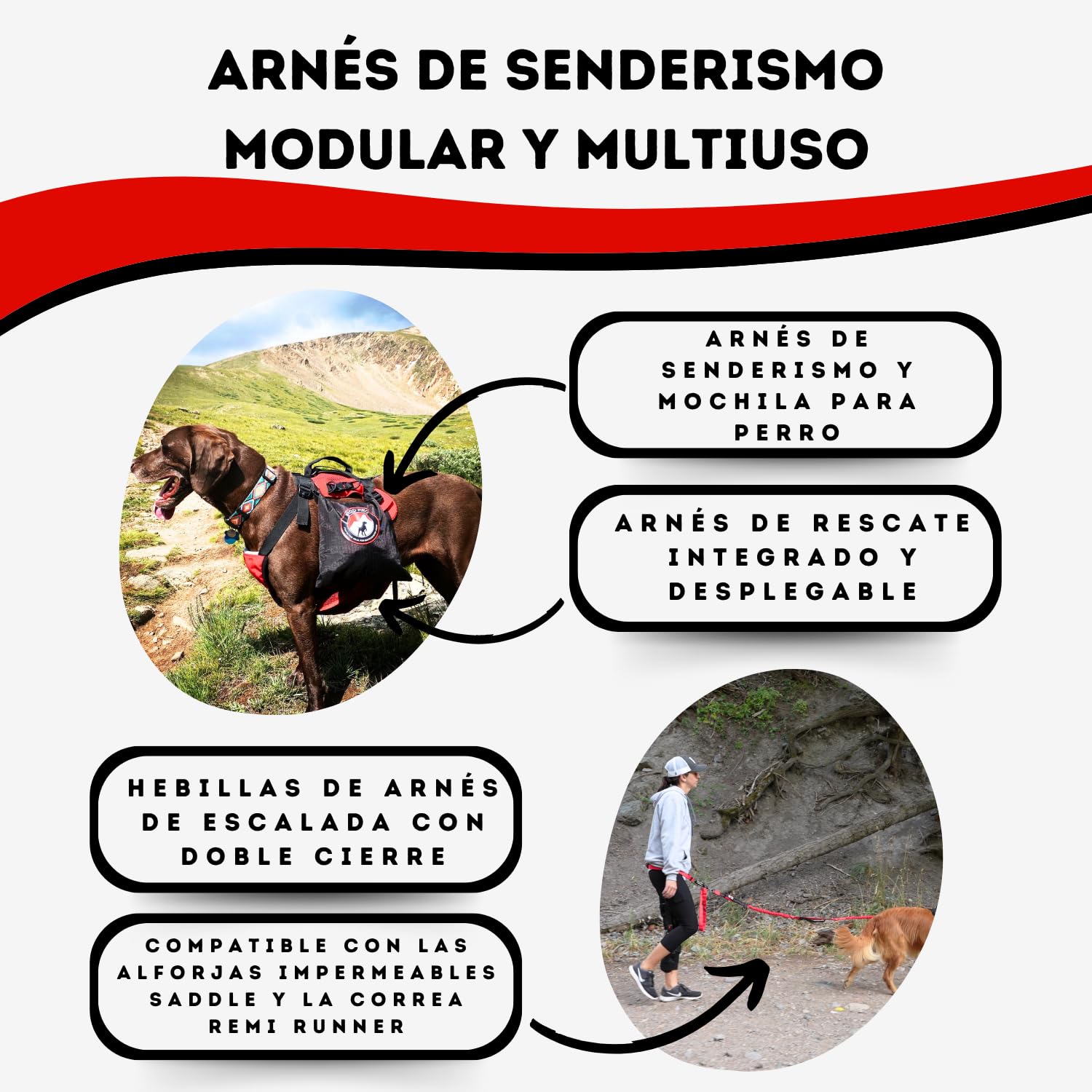 Fido Pro Arnés Panza V2 con Rescate de Emergencia Desplegable - Arnés para Perros Medianos a XL con Bolsillos, Hebillas de Escalada, Asa de Elevación y Equipo de Senderismo, 14 a 68 Kilogramos (Negro)