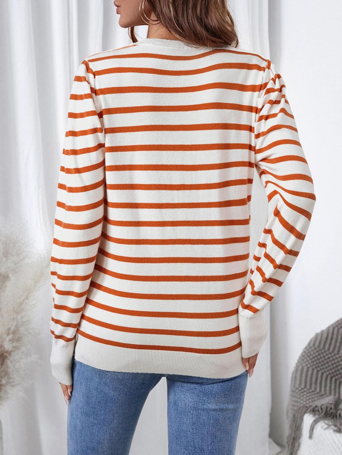 Womens Striped Sweater Fashion Puff Long Sleeve Knit Top Casual Crew Neck Pullover Sweaters - Image 4