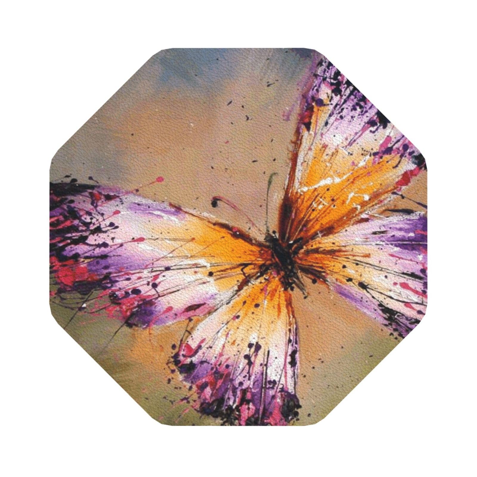 Embroidery Colorful Butterfly PU Leather Coasters Set of 6 Octagon Drink Coasters