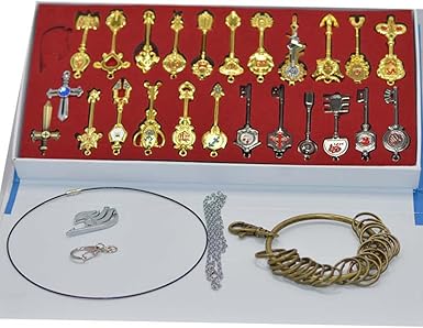 Amazon Com Set Of 25 Cosplay Fairy Tail Keys Golden Zodiac Keys And Keyring Blade Lucy Natsu Dragneel Heart Keychain Pendant Red Logo Clothing Shoes Jewelry