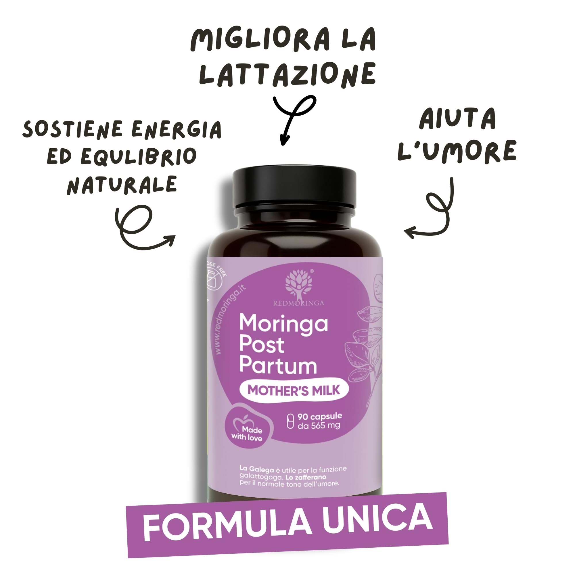 RedMoringa Post Partum Integratore Allattamento e Umore | Galega 2% Lattazione e Zafferano 3,5% Umore | Supporto allattamento al seno 100% Naturale per Neomamma | 270 Capsule Vegetali | UNICO al MONDO