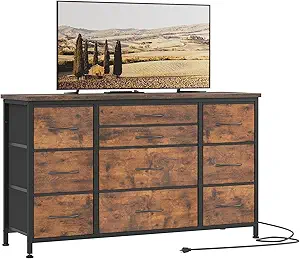Jojoka Wide Dresser with 10 Large Drawers for 55'' Long TV Stand with Power Outlet Entertainment Center, Storage Fabric Drawer Unit for Bedroom, Closet, Entryway, Sturdy Metal Frame, Rustic Brown