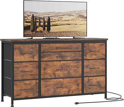 Jojoka Wide Dresser with 10 Large Drawers for 55'' Long TV Stand with Power Outlet Entertainment Center, Storage Fabric Drawer Unit for Bedroom, Closet, Entryway, Sturdy Metal Frame, Rustic Brown