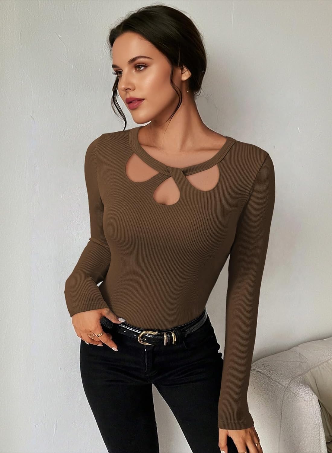 Pink Queen Sexy Tops for Women Fall Clothes Long Sleeve Cutout Keyhole Neck Top Ribbed Knit Shirts - Image 6