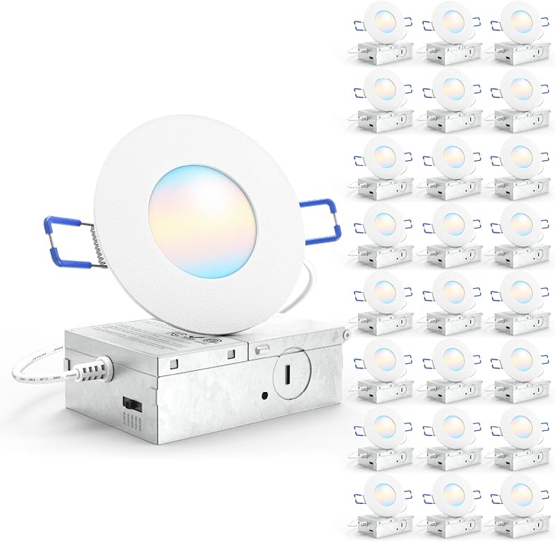 Sunco Paquete de 24 luces empotrables LED ultrafinas de 3 pulgadas, 5 CCT, sin vela, 8 W = 50 W | 500LM, CCT seleccionable 2700K/3000K/4000K/5000K/6000K, sin vela, con caja de conexiones, regulable, iluminación de techo tipo oblea ultradelgada