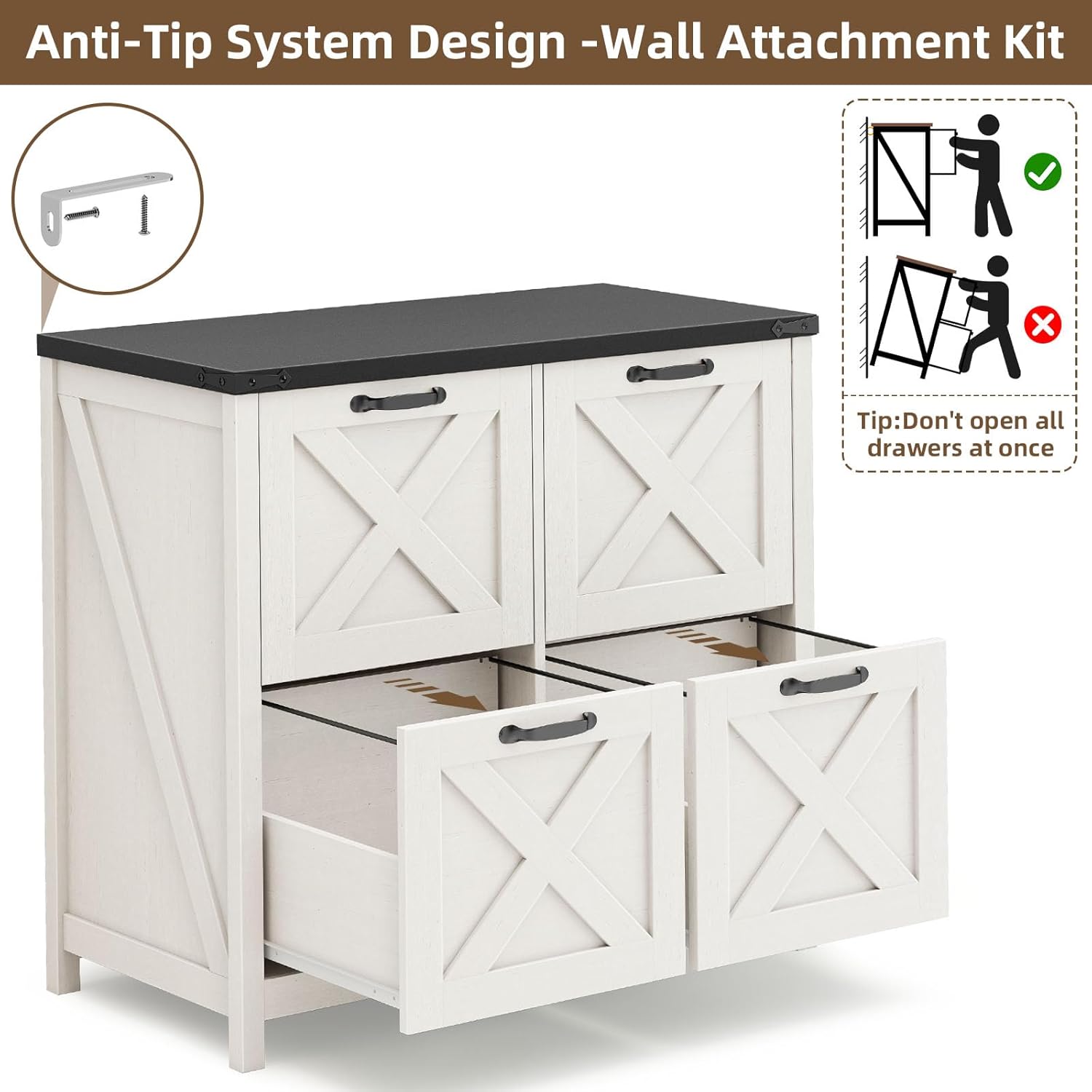 Halitaa Lateral File Cabinet with 4 Drawers, Farmhouse File Cabinet for Letter/A4 Size Hanging Files, Large Wood File Storage Cabinets Printer Stand for Home Office Cabinets, Rustic White and Black