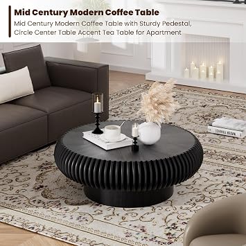 Round Drum Coffee Table for Living Room, Mid Century Modern Coffee Table with Sturdy Pedestal, Farmhouse Fluted Circle Center Table Accent Tea Table for Apartment (31.5 Black)