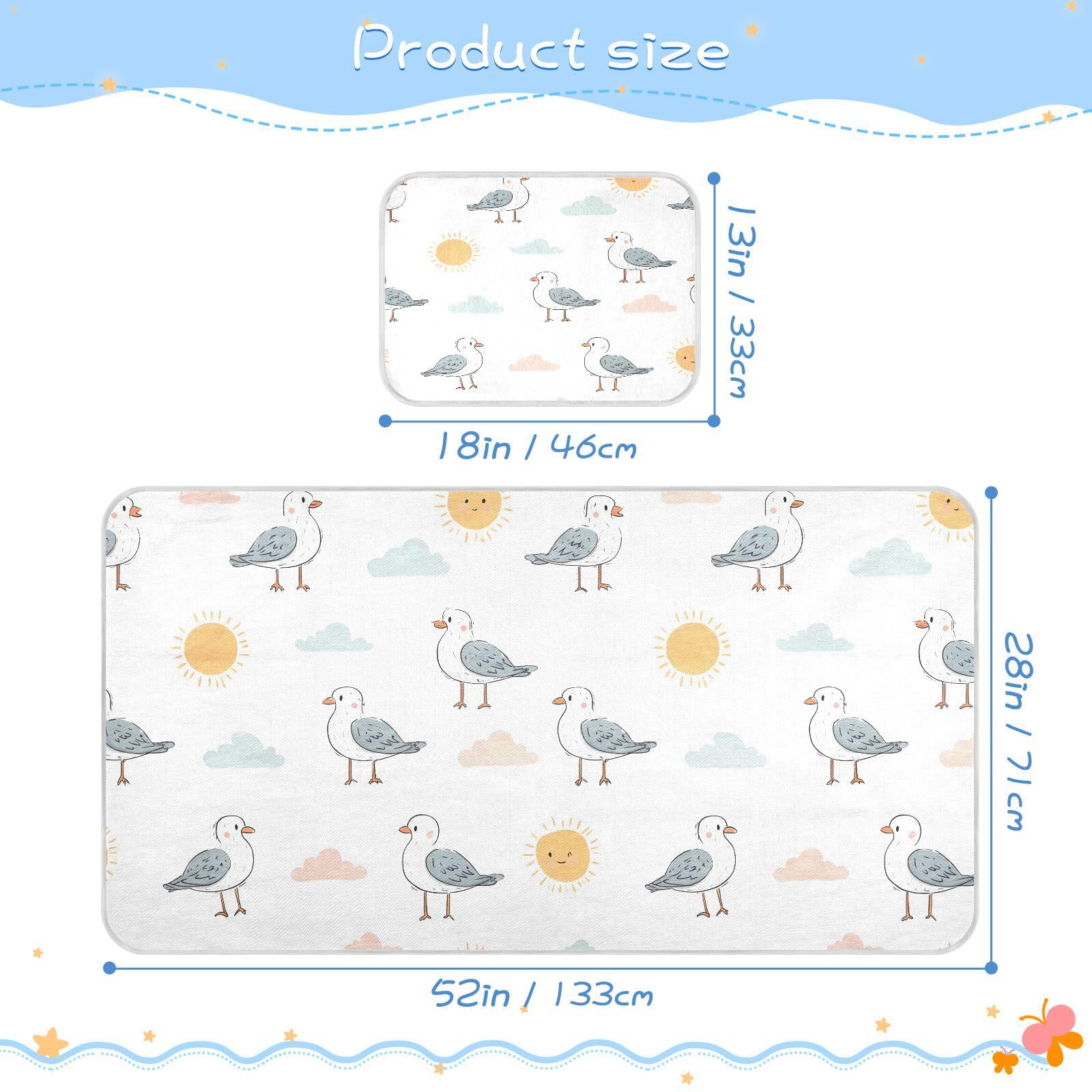 Bolaz Summer Sleeping Bed Pad, Seagull Cloud Sun Pattern Cooling Mattress Set Breathable Bed Mat Ice Silk Mat + Pillow Cover for Toddler Boys Girls
