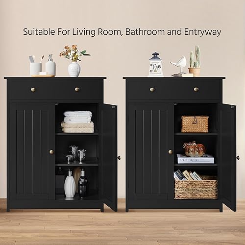 Miniatura 8 de Yaheetech Armario de almacenamiento de baño con 1 cajón y 2 puertas, armario de piso de baño con estante ajustable, unidades de almacenamiento de