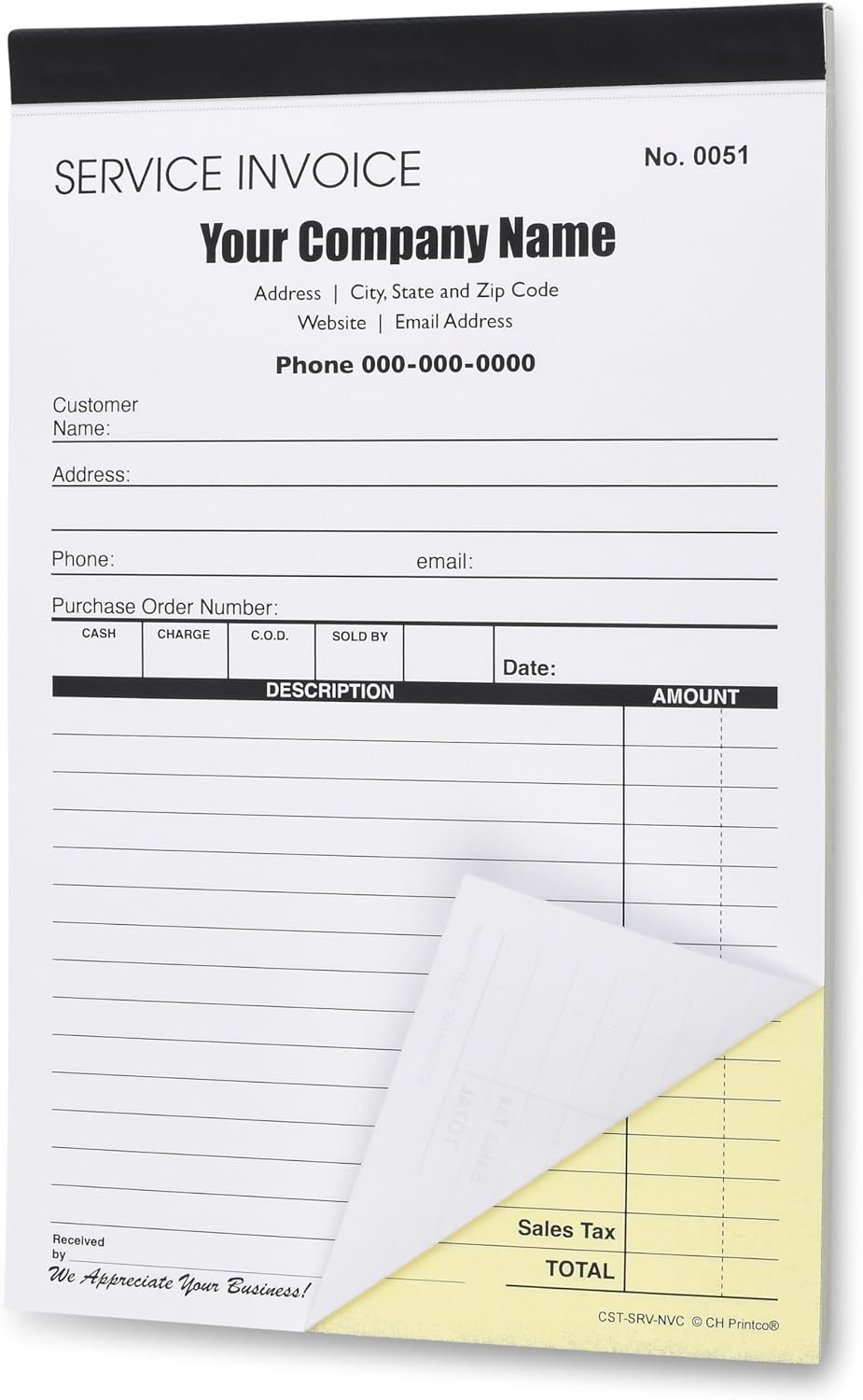 Custom Service Invoice Carbonless Form (2 books, 100 sets)
