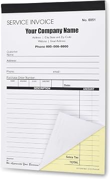 Custom Service Invoice Carbonless Form with Your Company Name - 2 Books 100 Sets Numbered