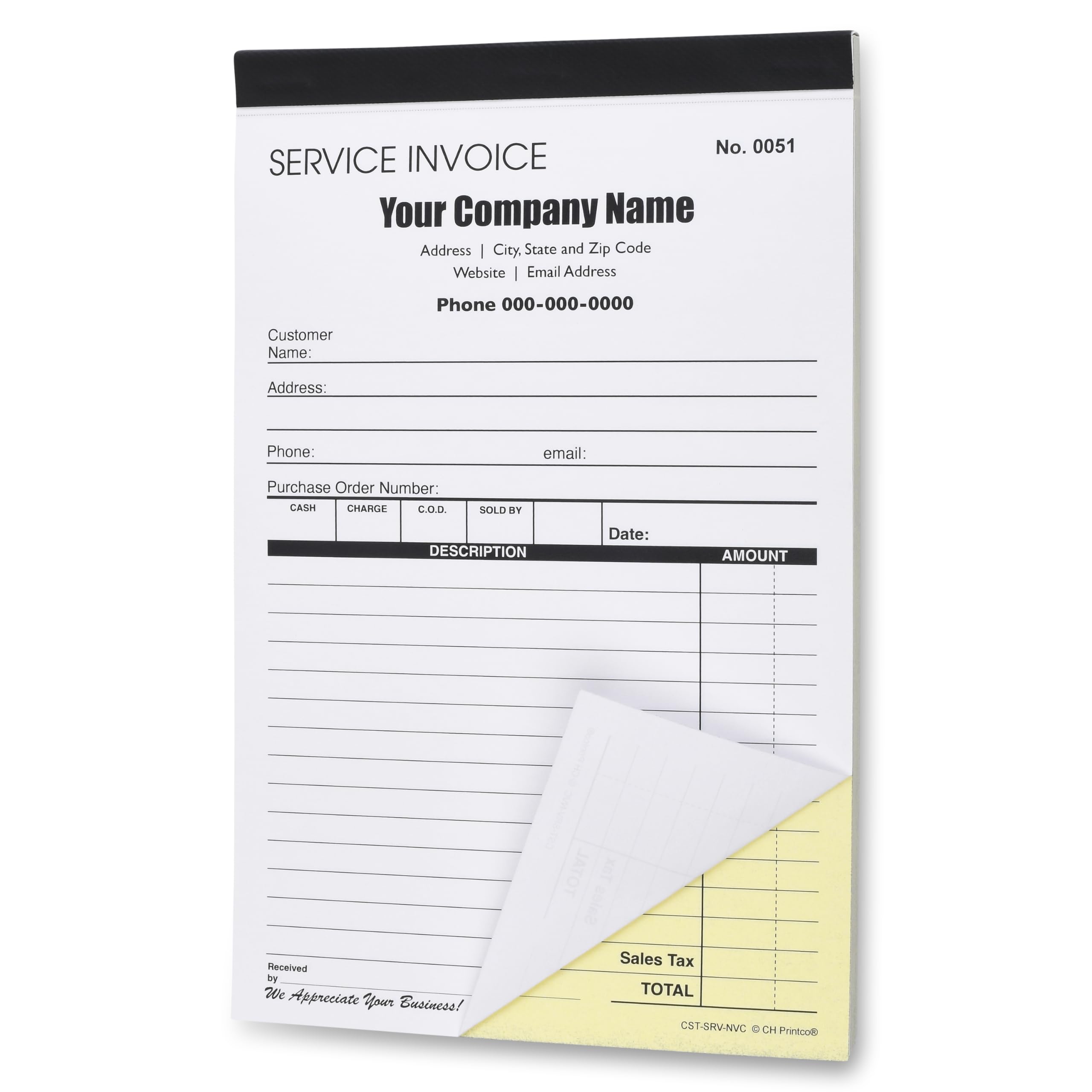 Custom Service Invoice Carbonless Form with Your Company Name - 2 Books (100 Sets) Numbered