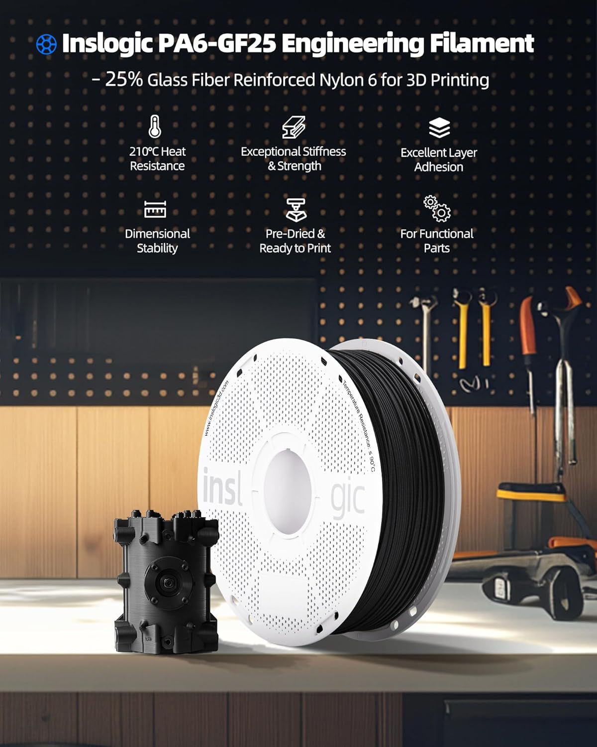 Inslogic PA6-GF25 Glass Fiber Reinforced Nylon Filament 1.75mm, 0.5kg Black Refill, High-Temp 3D Printing Material with 210°C HDT, Tough & Heat-Resistant, for Industrial FDM Printers