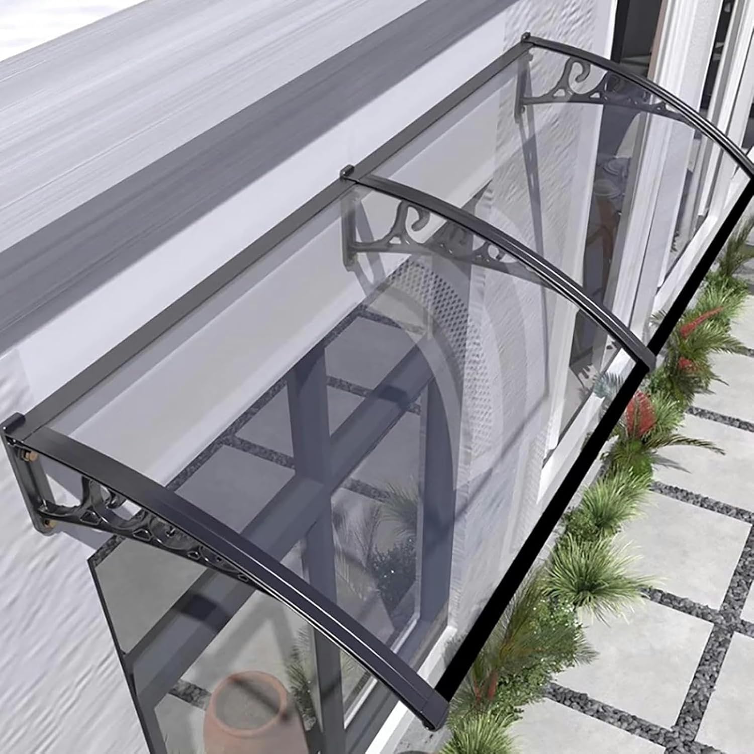 Window Awnings Exterior, Polycarbonate Cover Awning Canopy Aluminum Bracket, Front Door Awning Sun Shutter, UV, Rain and Snow Protection Patio Awning for Sun Shutter(Color:Black,Size:80x150cm)