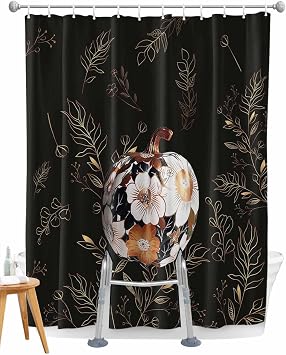 Split Shower Curtain for Transfer Bench Autumn Floral Texture Pumpkin Waterproof Fabric Shower Curtain Set with Hooks Gold Line Abstract Leaves on Black Bathroom Bathtub Curtains,72" Wx84 L