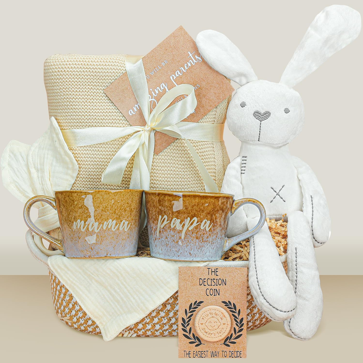 New Parents Gifts for Couples,New Mom Gifts for Women,Baby Shower Gender Reveal Gift Basket with Mama & Papa Mugs Baby Blanket Toys