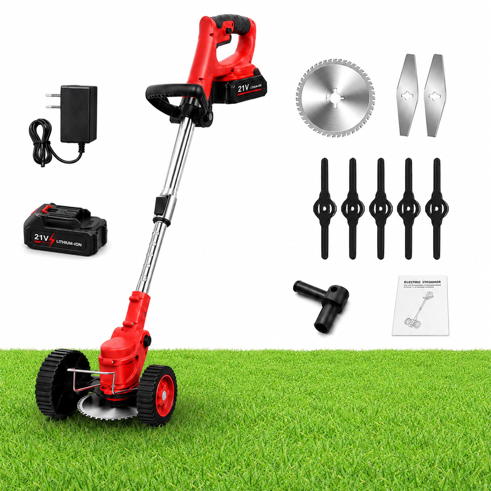 Cortabordes 180 W con Protector, Barra Antichoque y Doble Rueda Red-15-CellBattery | La barra mantiene distancia respecto a plantas y bordillos, y el protector ayuda a limitar restos proyectados