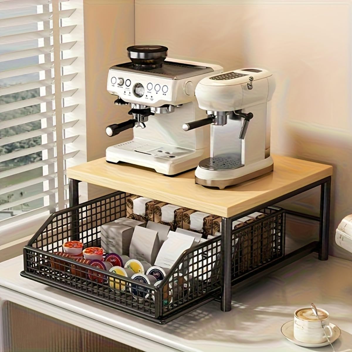 Carro de Cocina de Dos Niveles Organizador para máquina de café con cajones deslizantes Estante de Almacenamiento para encimera Soporte para microondas de Oficina en casa(Black)