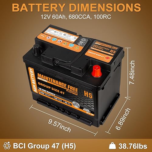 Miniatura 2 de Batería para automóviles con AGM y Start-Stop de tamaño de grupo H5 47, 12 V, 60 Ah, 680 CCA, 100 RC, batería recargable de coche