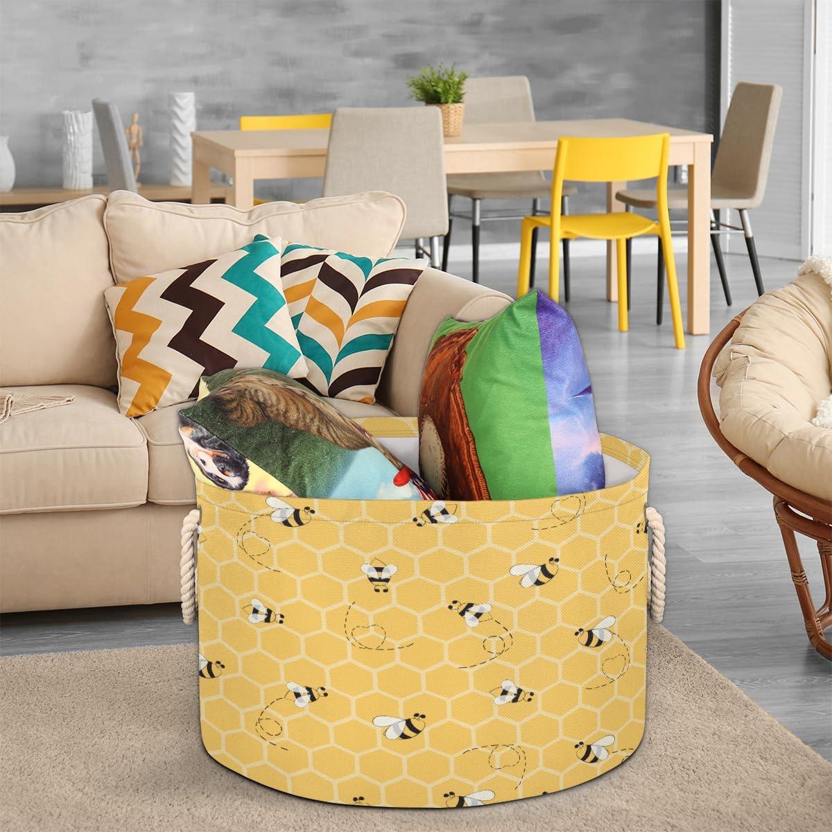 Cute Yellow Bee Large Storage Basket Honeycomb Bee Round Laundry Basket with Handle Organization Collapsible Storage Bins Box Hamper for Kids Toy Clothes Nursery Bedroom Living Room Decor