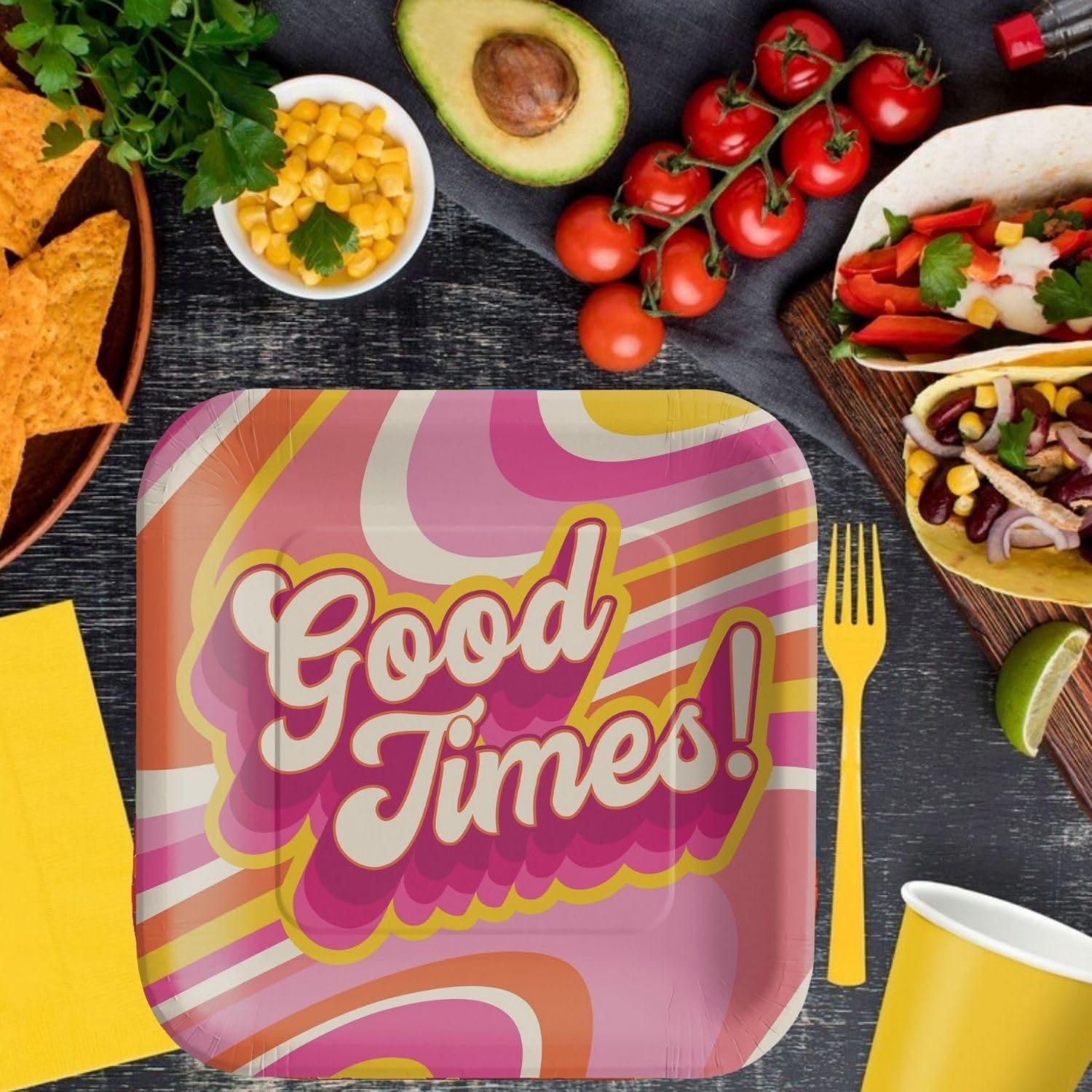 Amscan Vibrant Multicolor Good Times! Bedruckte Design-Pappteller, 25,4 cm, quadratische Teller, Premium-Qualität und umweltfreundliches Material, perfekt für Picknicks und Partys, 20 Stück