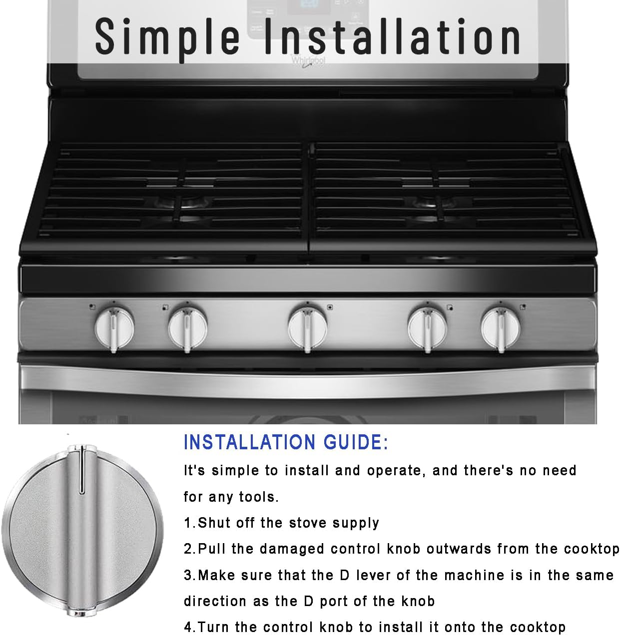 (2025 Upgraded) W10766544 Gas Stove Knobs Replacement for Whirlpool WFG540H0ES0 Range Oven-Durable Stainless Steel Control Knobs- Replaces W10676228, W10430807, AP5958476,etc. 5-Pack (Not Universal)