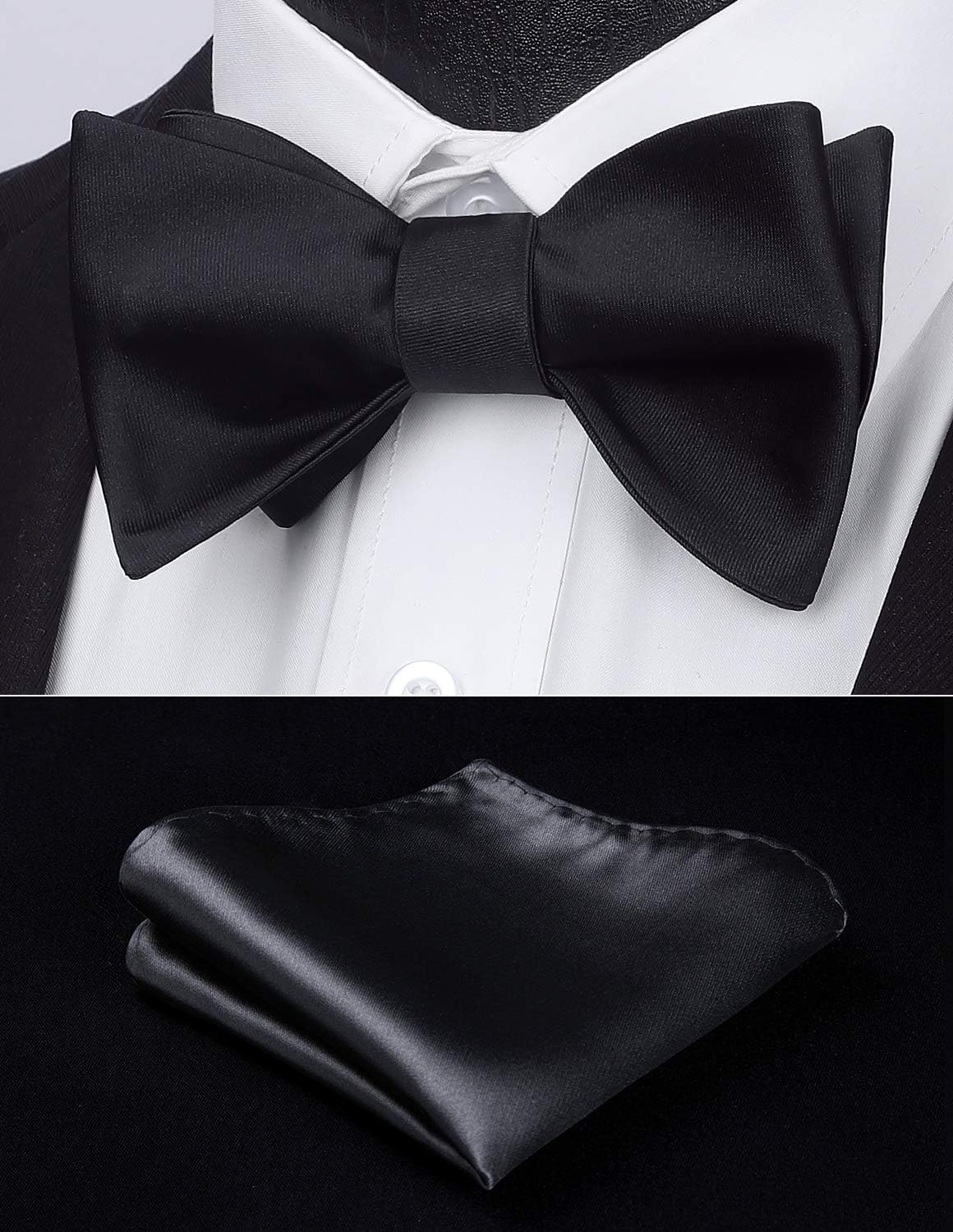 HISDERN Bow Ties for Men Solid Color Self Tie Bow Tie Pocket Square Set Classic Formal Satin Bowties for Tuxedo Wedding Party