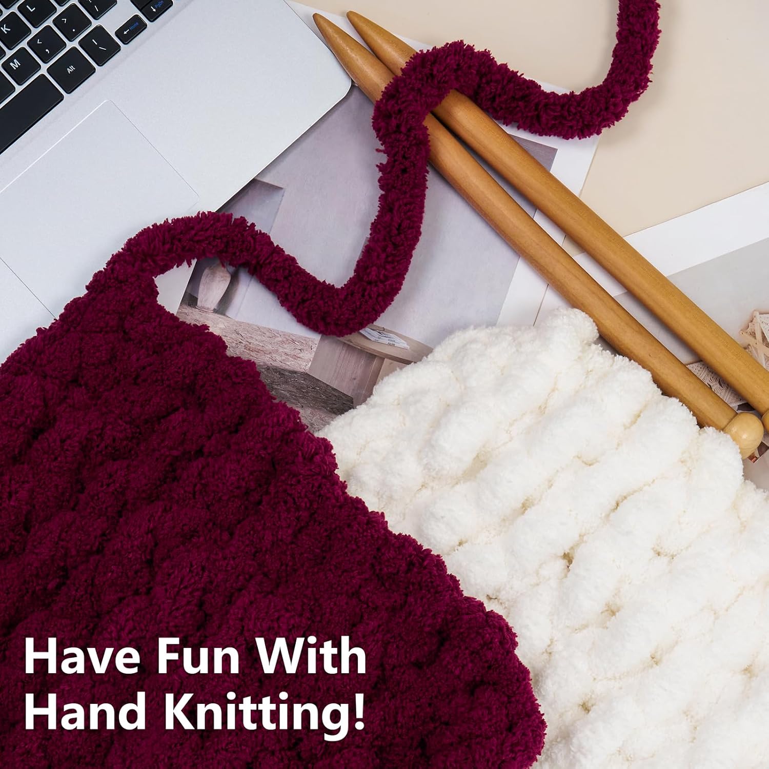 Cozyful Chunky Yarn for Hand Knitting - #10 Chunky Chenille Yarn, Jumbo Big Thick Chunky Yarns for Crocheting, Super Bulky Chunky Knit Blanket Yarns, 8 Skein (22yd, 8oz/Skein), Cream & Wine thumbnail