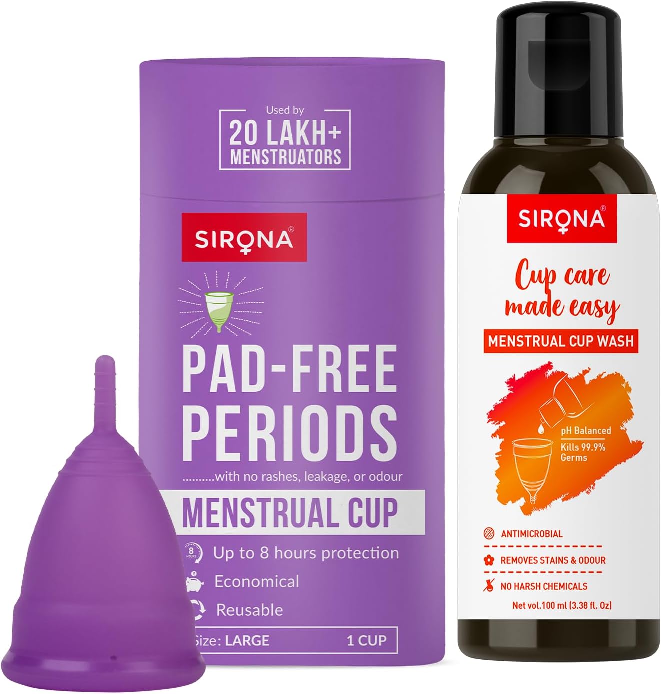 Reusable Menstrual Cup for Women - Large with pH Balanced Menstrual Cup Wash Liquid - 100 ml