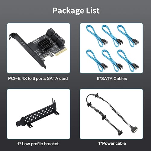 Miniatura 7 de Tarjeta de expansión SATA PCIe 4X a 6, controlador SATA3.0 de 6 Gbps con indicador LED, 6 cables SATA, cable de alimentación de 15 pines para