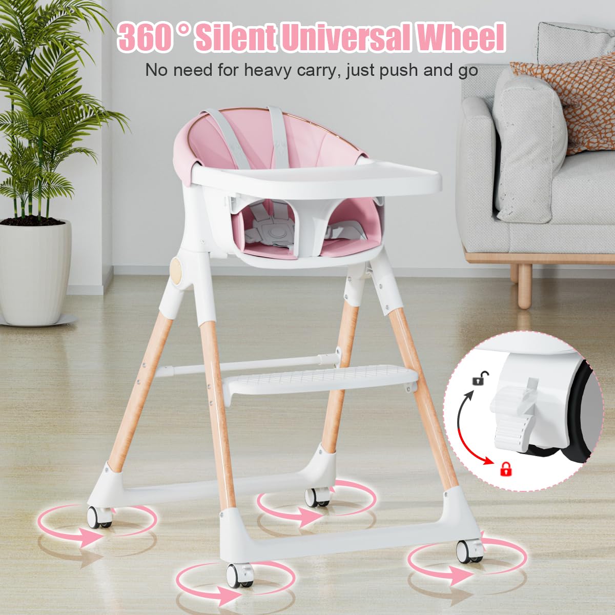 Baby High Chair, High Chairs for Babies and Toddlers, Convertible Folding High Chair with Removable Tray 5 Point Harness Footrest Detachable PU Cushion, Portable Highchair for Baby Toddlers