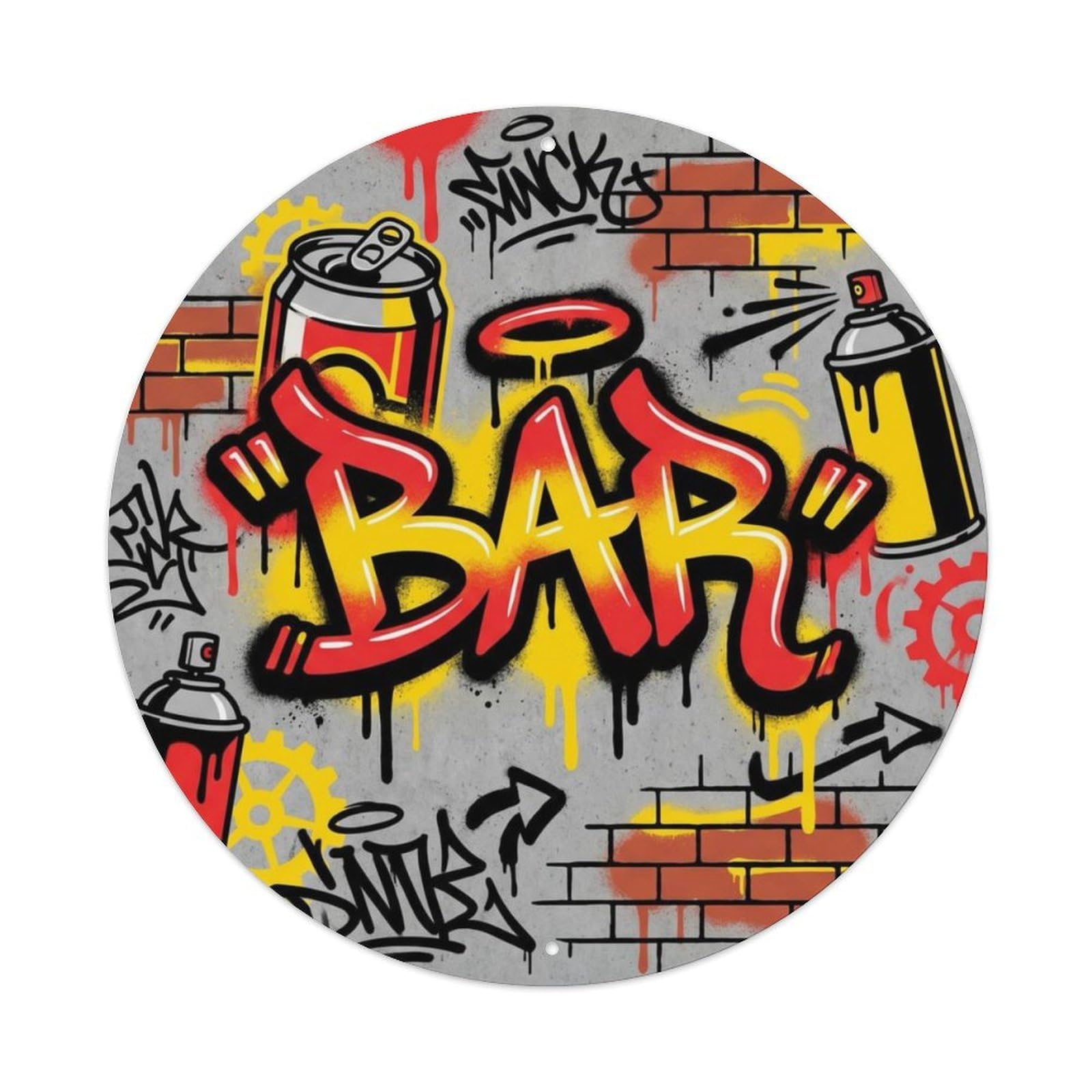 BAR Graffiti Urban Emblem Metal Tin Sign Plaque Wall Decor for Cafe, Club Bar, Office, Home Garden Round Metal Poster 8x8Inch