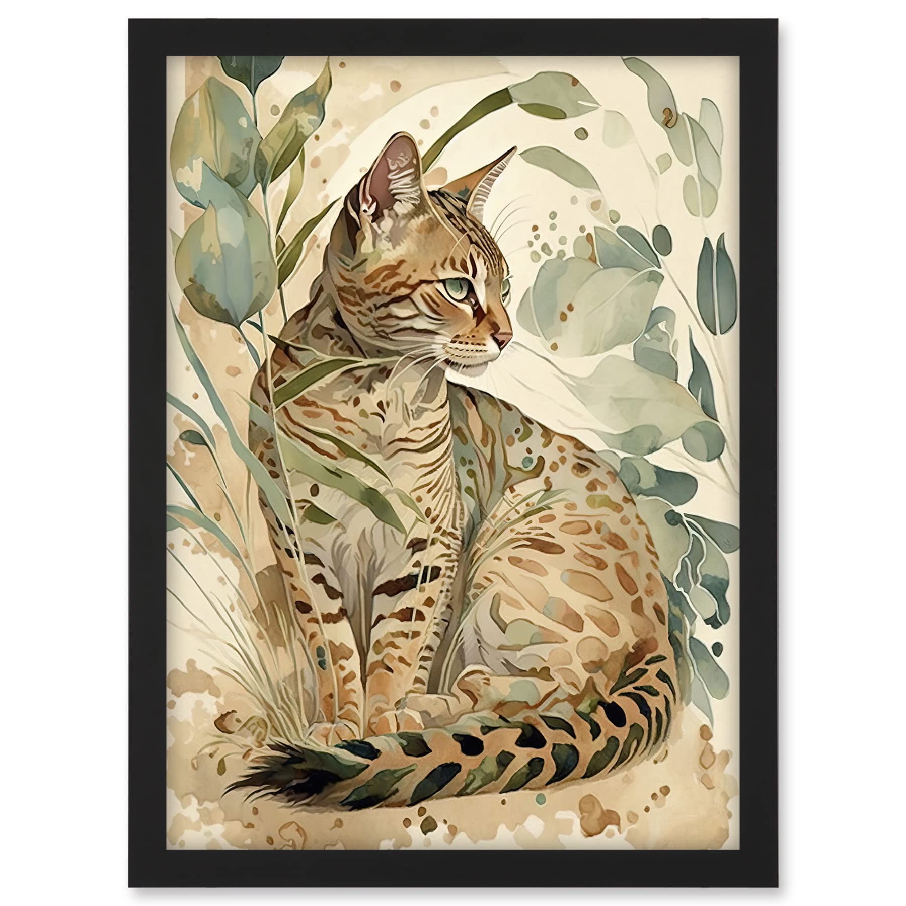 Artery8 Spotted Fur Coat Bengal Cat in Nature Pastel Watercolour Illustration Artwork Framed A3 Wall Art Print