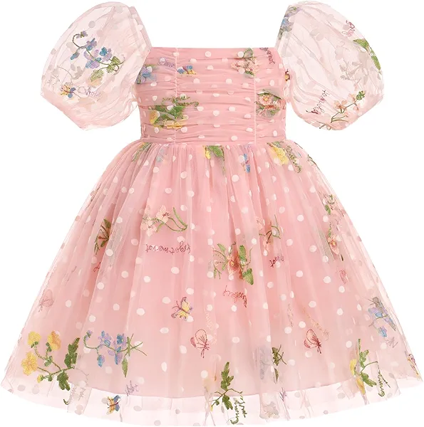 Toddler Flower Girl Wedding Dress Floral Embroidery Sheer Sleeve 2nd 3rd Birthday Outfits Princess Pageant Tulle Dress