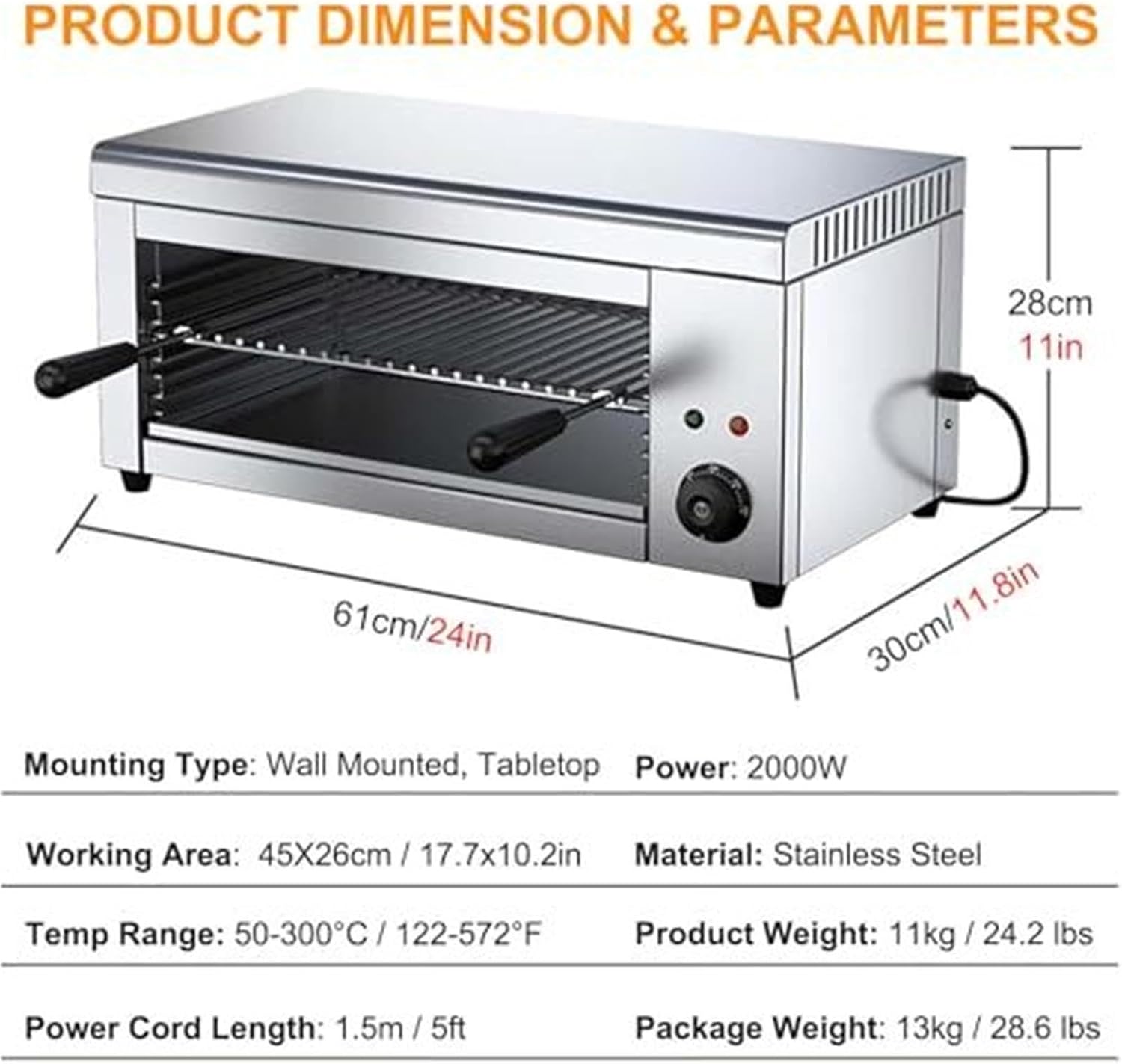 Wall-Mounted Salamander Grill, 2000W, 50-300°C, for Toast/Steak
