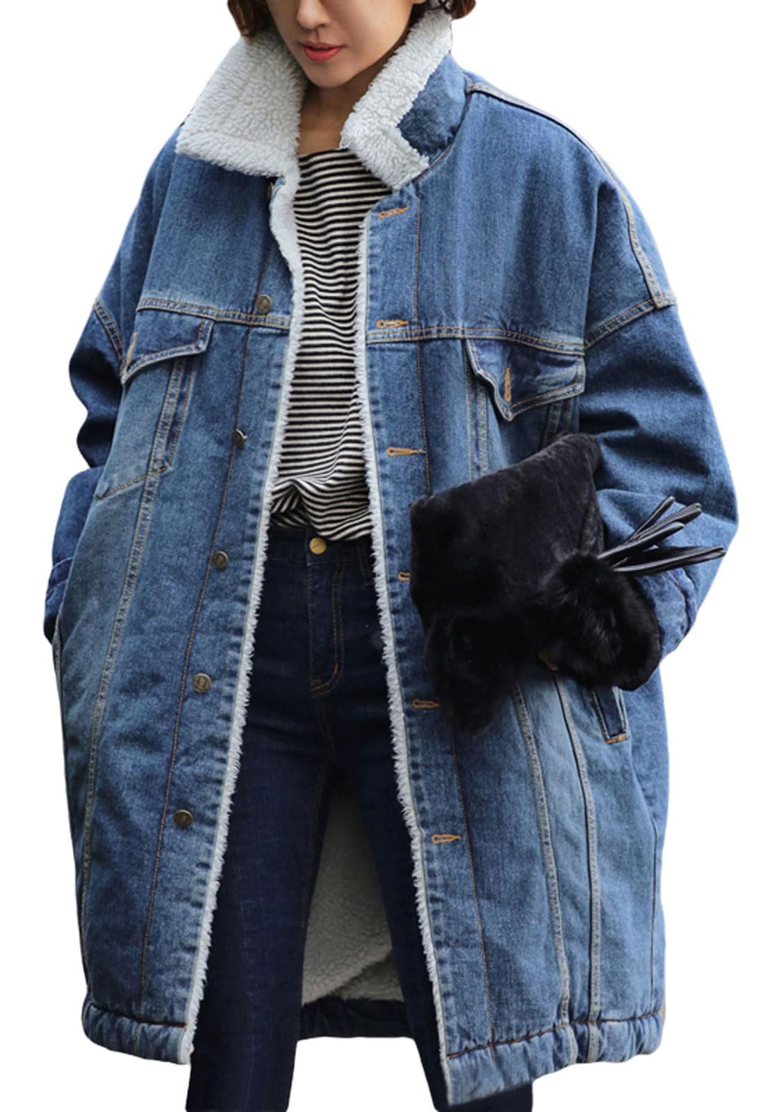 Women Long Sherpa Fleece Lined Jeans Jacket Denim Trench Coat Thicken Button Down Patchwork Trucker Coat Overcoat-image-7