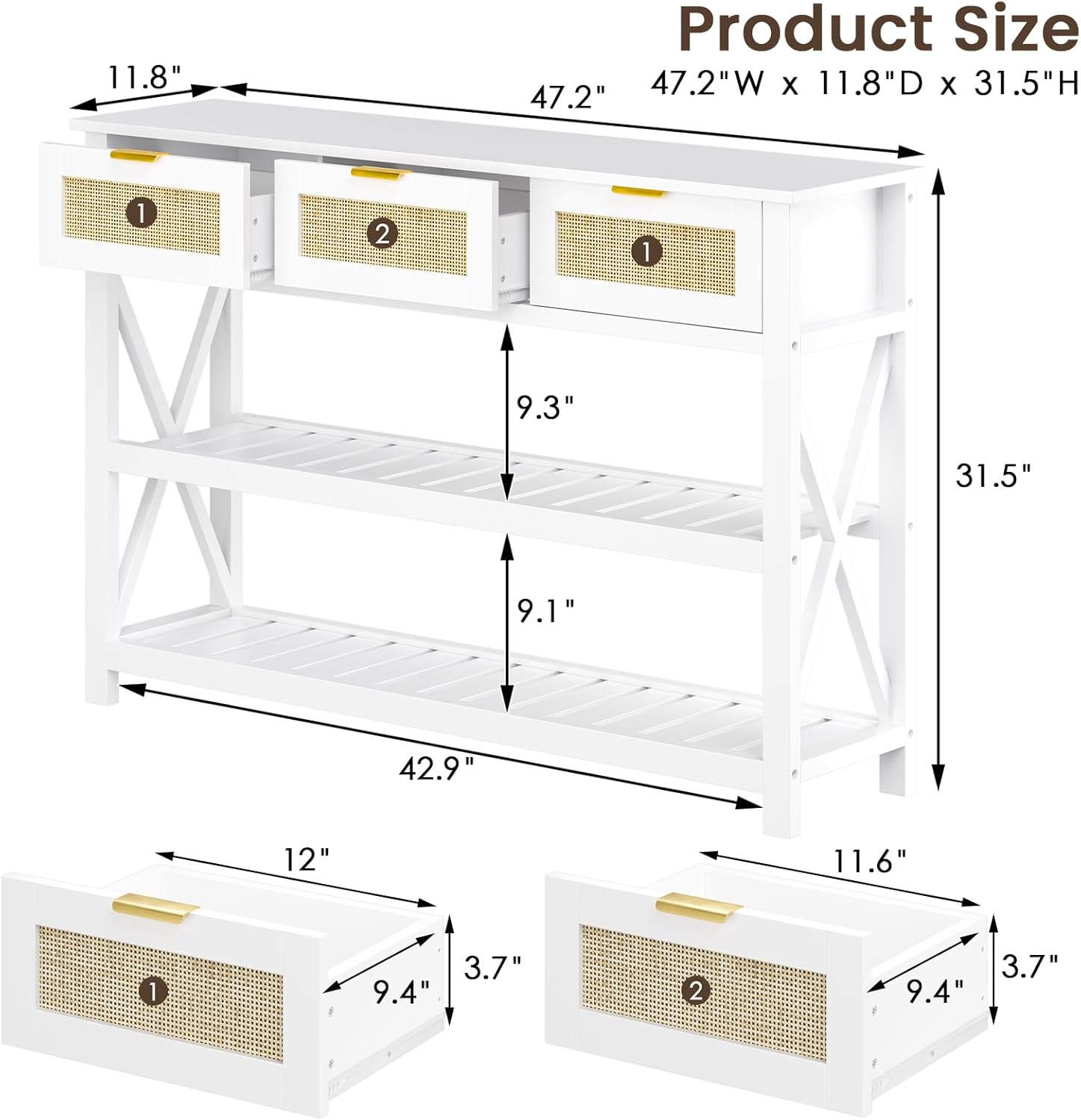 Console Table with 3 Rattan Drawers, Wooden Entryway Table with 3-Tier Storage Shelves, Display Shelf for Entryway, Hallway, Foyer and Living Room, White