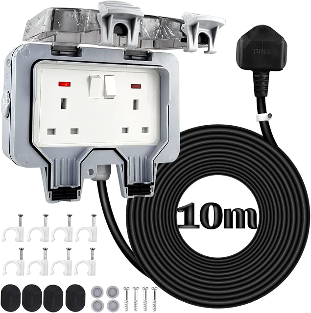 Outdoor Sockets Waterproof 10M Extension Lead, 2 Gang Outdoor Weatherproof Plug 10M Extension Cable Double Socket Wall Electrical Outlets External 13A IP66 Outside Power Sockets Box