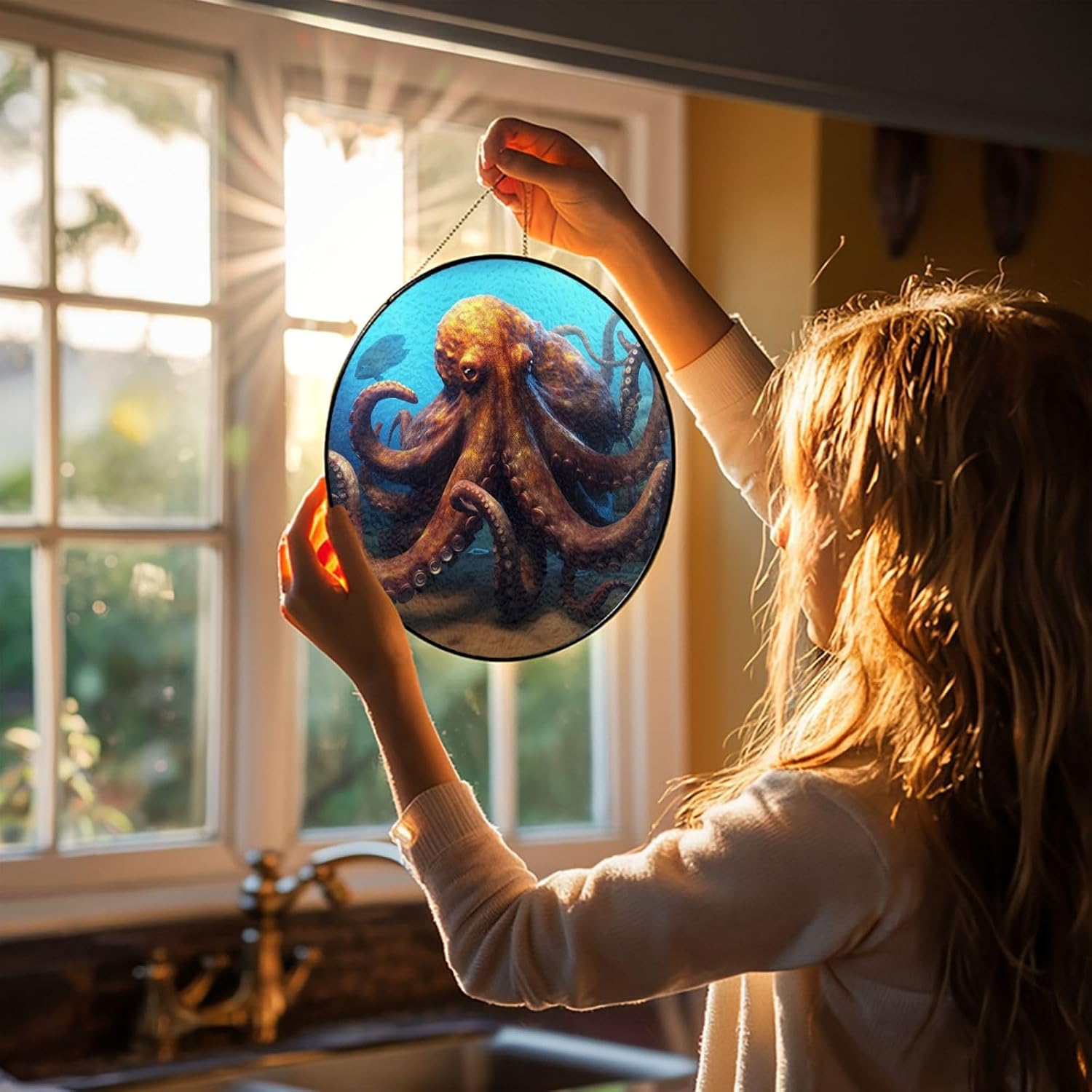 Stained Glass Window Hanging Huge Octopus Sun Catchers Indoor Outdoor Decor Window Suncatcher Door Garden Sunroom Sun Catcher Home Decor Birthday Christmas for Mom Men