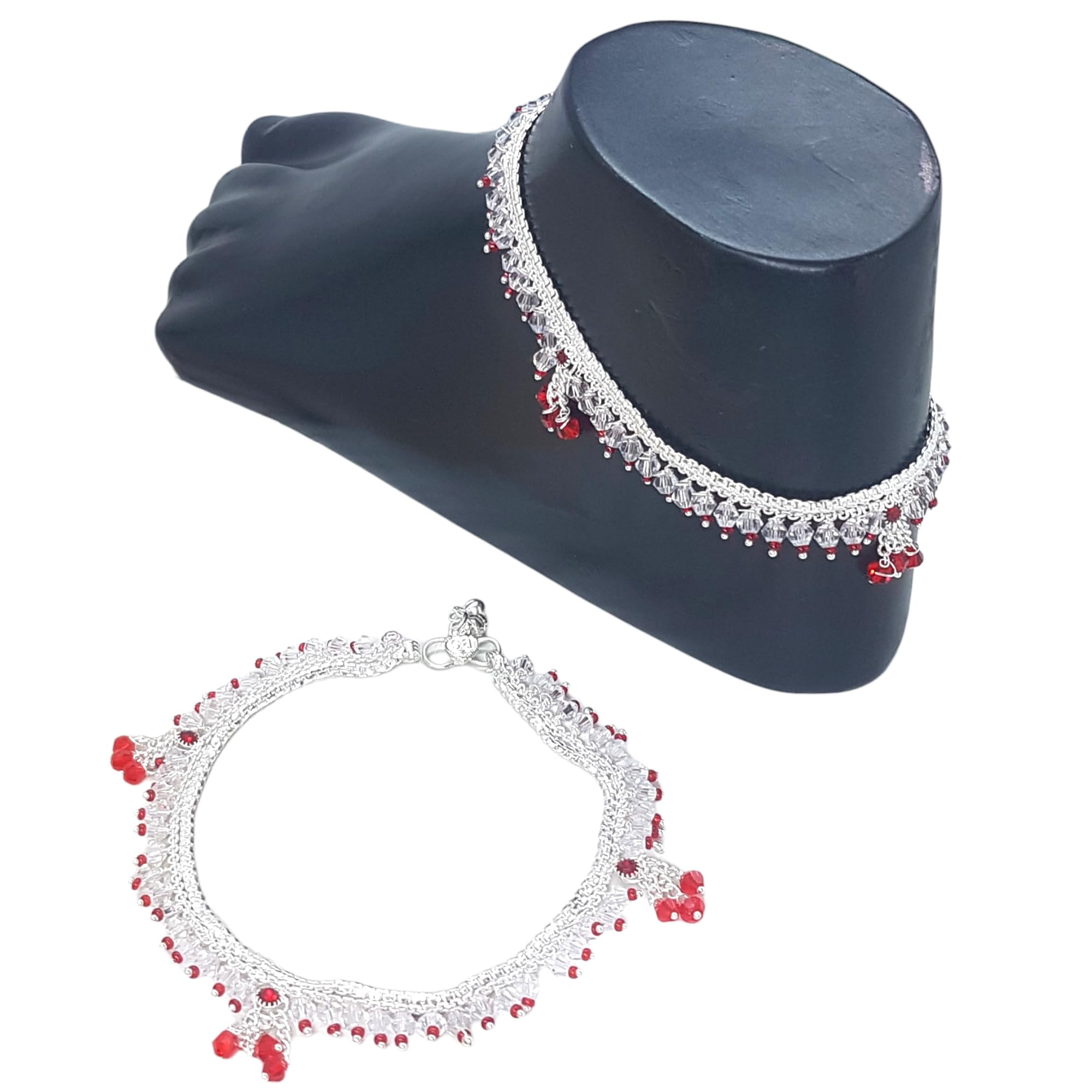 Indian Traditional White Crystal Red Moti Slim 10.2Inch Anklet Payal For Women & Girls (Pack of 2)-image-29