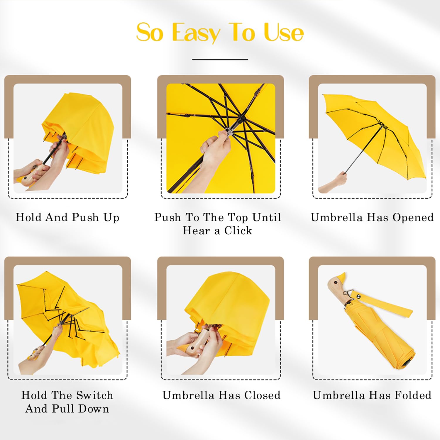 Bonito paraguas con mango de pato, paraguas compacto de viaje con cabeza de pato amarillo para adultos, mango de madera ligero, pequeño, plegable, para niñas y mujeres 3