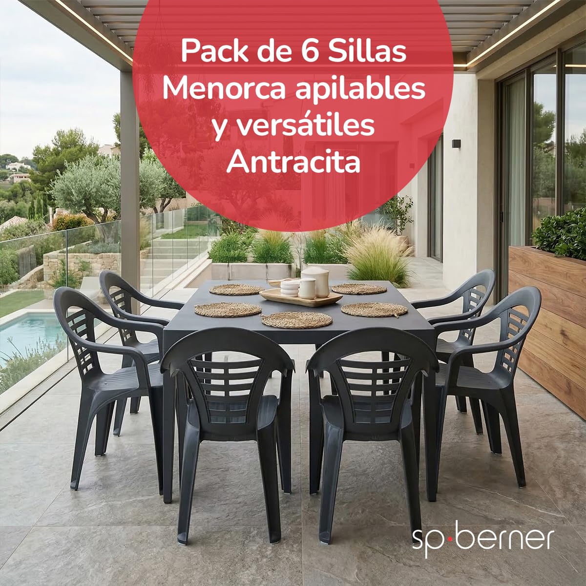 SP Berner SHAF - Pack 6 Sillas de Jardín Apilables - Exterior Terraza y Espacios Comerciales - Plástico Reciclado Resistente UV - Fabricadas en España - Modelo Menorca - Antracita