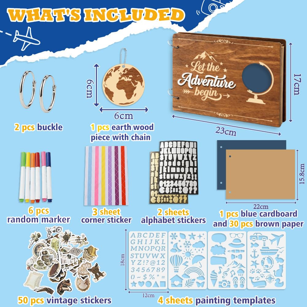 FINGERINSPIRE Kit para álbum de recuerdos de viaje con tapa de madera 230 x 170 mm Juego de álbumes de fotos para diario de viaje con 31 páginas cuaderno DIY para guardar los recuerdos de viaje