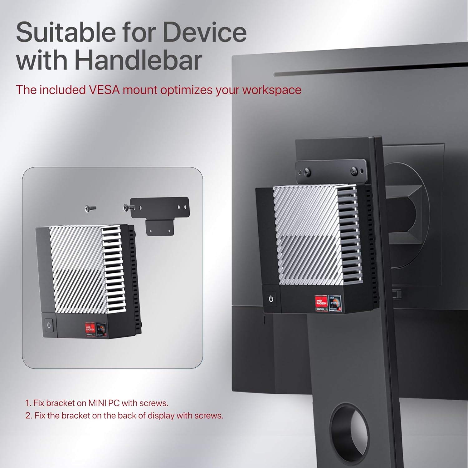 Diagram showing how to install the PELADN HA-2 Mini PC using the VESA mount