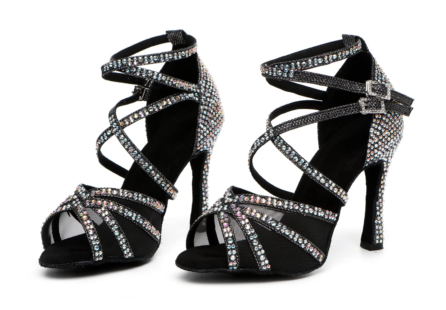 Scarpe da ballo glitterate da donna, sandali con cinturino alla caviglia in rete con strass